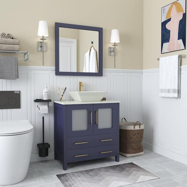 Vanity Art Ravenna 30 in. W Bathroom Vanity in White with Single Basin in White Engineered Marble Top and Mirror