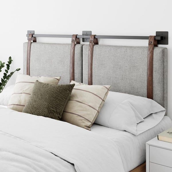Nathan James Harlow 62 in. Queen Wall Mount Gray Upholstered Headboard Adjustable Brown Straps and Black Metal Rail