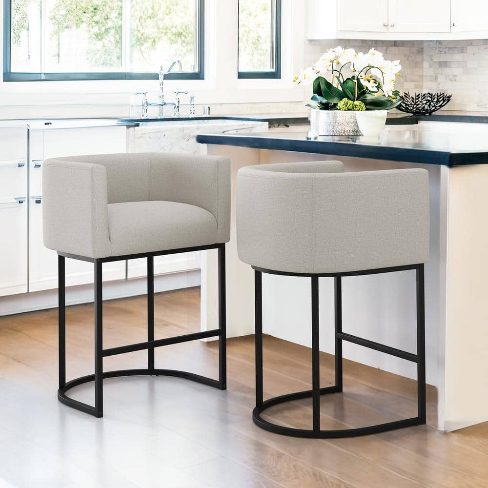 26 in. Cream-Grey and Black Low Back Bar Stool with Metal Frame Counter Height Faux Leather Counter Stool (Set of 2) -  LUE BONA, LB23CH0045