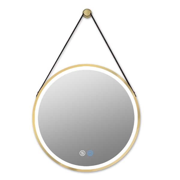 UKISHIRO 28 in. W x 28 in. H Large Round Framed Anti-Fog Wall Mounted Lighted Bathroom Vanity Mirror in Gold