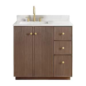 Oza 36 in. W x 22 in. D x 33.9 in. H Single Sink Bath Vanity in Dark Brown with White Quartz Stone Top