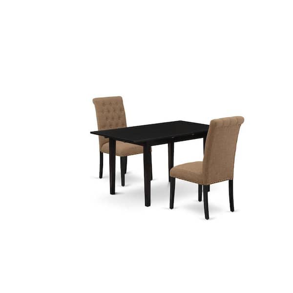East West Furniture 3-Piece Black Finish Rectangular Solid Wood Top With Butterfly Leaf Dining Table Set