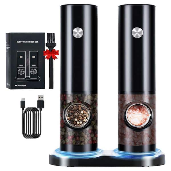 2-Pack Stainless Steel Electric Salt & Pepper Grinder Set w/ Rechargeable Base, LED Light, Adjustable Coarseness, Black