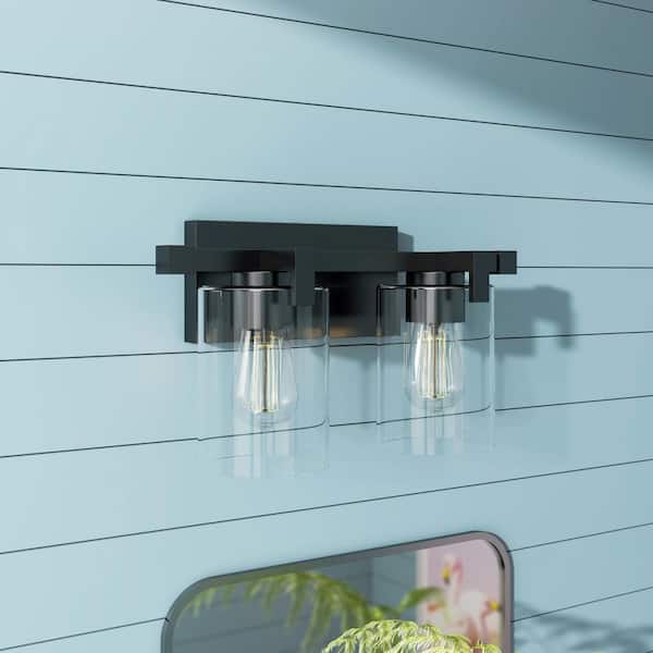 LANSEKI Salvirola 16 in. Modern 2-Light Matte Black Dimmable Vanity Light with Clear Glass Shade
