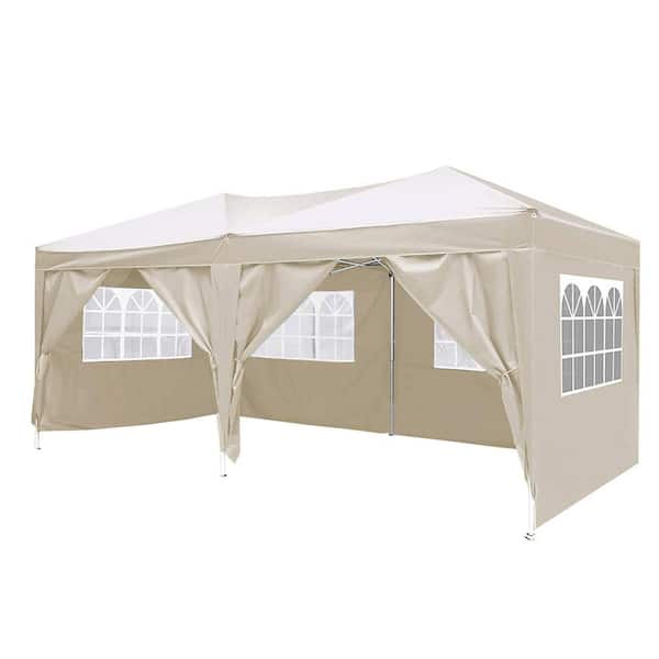 GAWEZA 10 ft. x 20 ft. Beige Pop-Up Canopy Outdoor Gazebo Canopy Tent with 6 Removable Sidewall, Weight Sand Bag and Carry Bag