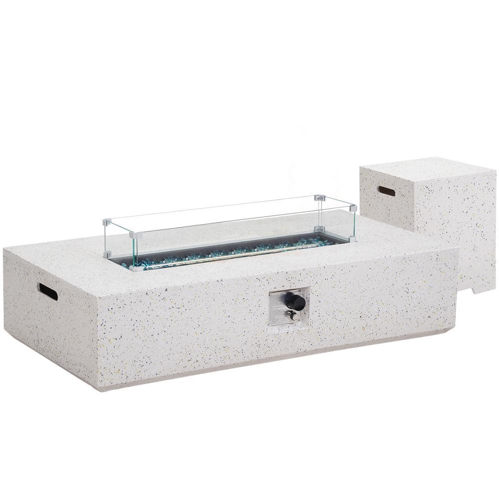 56 in. White Outdoor Concrete Firepit Table with Gas Hose, Lava Stones, AA 