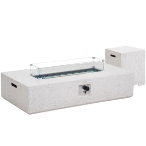 56 in. White Outdoor Concrete Firepit Table with Gas Hose, Lava Stones, AA Battery and Cover