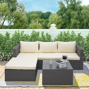 Gray 3-Piece Wicker Outdoor Sectional Sofa Set with Beige Cushions