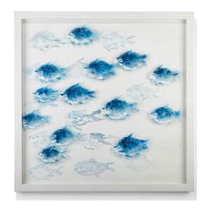 Square School of Fish Blue and White Hand-Painted Framed Nature Wall Art 36 in. x 36 in.
