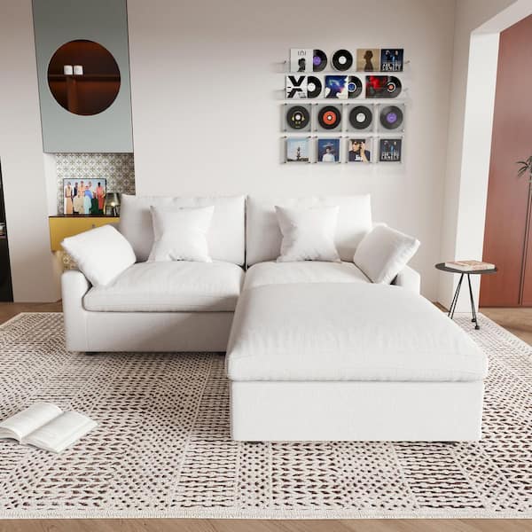Modular Oversized Seat 83 in. Plush Linen Flared Arm Loveseat Cloud Couch Sofa with Ottoman, Washable Cover in White
