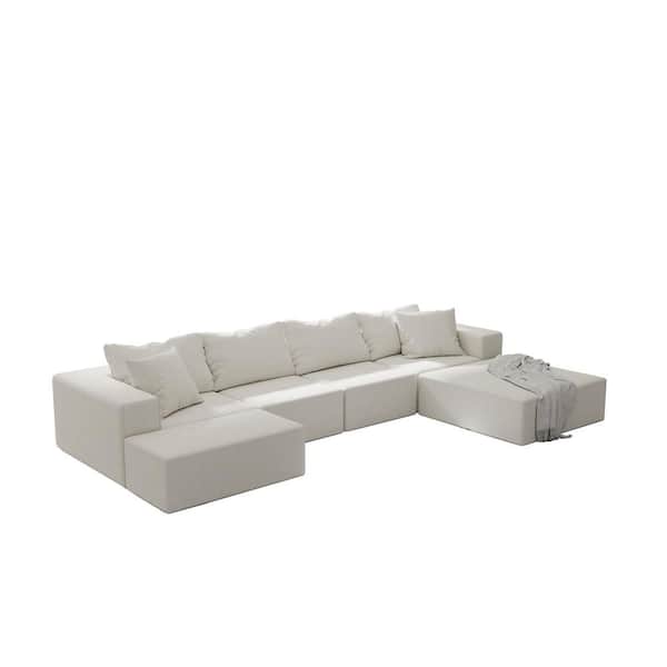 J&E Home 132 in. W Square Arm Chenille L Shaped Modular Free Combination Sofa in. Beige