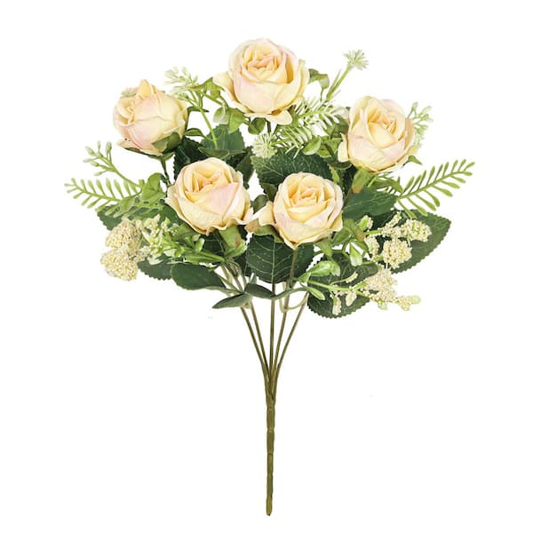12 in. Petite Champagne Ivory Artificial Rose Flower Stem Bush Bouquet (Set of 6)