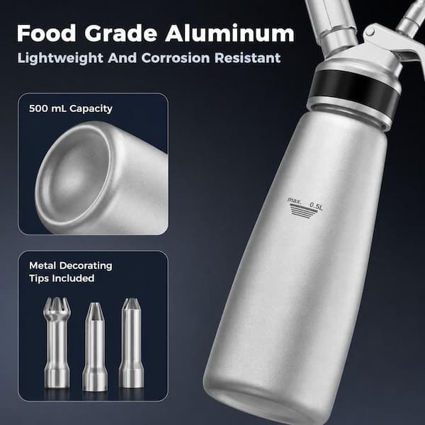 CREAM WHIPPER 500ml クリームホイッパー Wudkey Silver Whipped Cream Dispenser, 500ml Aluminum Cream
