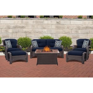 Strathmere 6-Piece Woven Patio Seating Set with Wood Grain-Top Fire Pit with Navy Blue Cushions