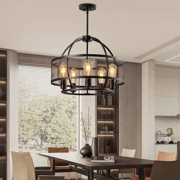 Maxax St Paul 5-Light 19.69 in. Black Mid-Century Wagon Wheel Chandeliers Dining Kitchen Foyer Bedroom Lighting