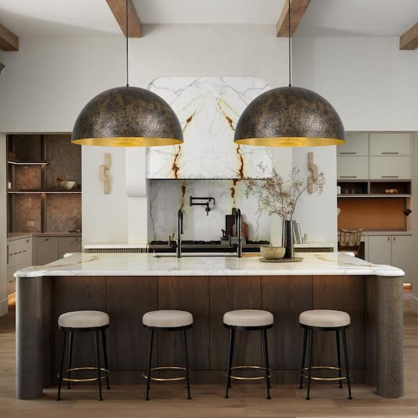 PCover 1-Light 23.6 in.W Bronze Rusty Industrial Farmhouse Single Pendant Light with Metal Dome Shade for Kitchen Island