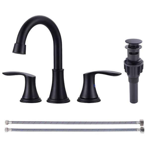 8 in. Widespread Double Handle Bathroom Faucet with Drain Kit Included and Supply Line in Matte Black