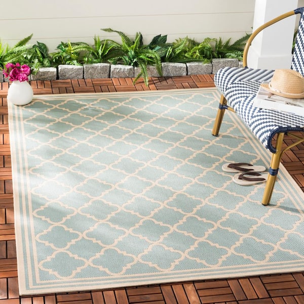 Beach House Aqua/Cream 4 ft. x 4 ft. Border Trellis Indoor/Outdoor Patio  Square Area Rug