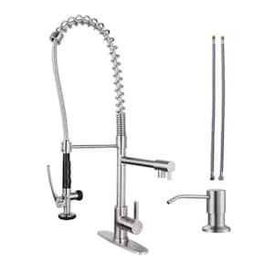 Single Handle Pull Out Sprayer Kitchen Faucet Deckplate Included with Soap Dispenser in Brushed Nickel
