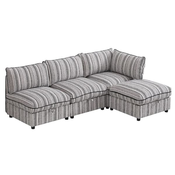 Ivor Convertible 93 in. Straight Arm 4-Piece Polyester Modular Storage Sectional Sofa in Black Striped with Ottoman