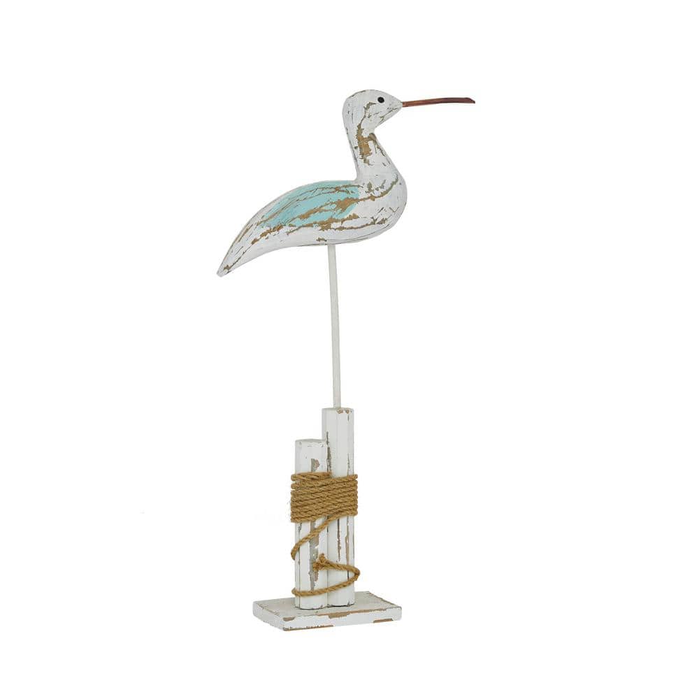 21" White Distressed Wood Bird Sculpture with Jute Trim