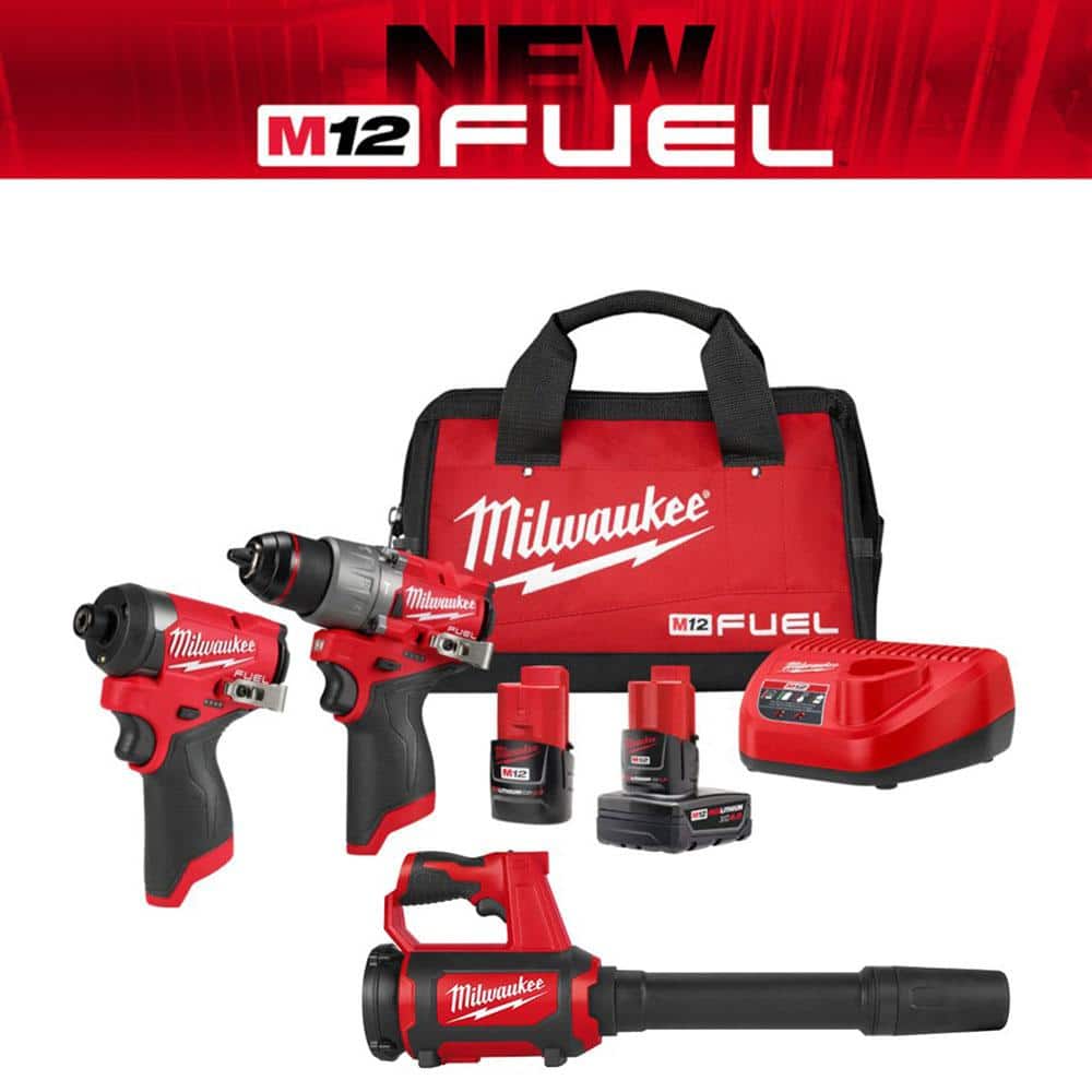 Milwaukee M12 FUEL 12-Volt Lithium-Ion Brushless Cordless Hammer Drill and Impact Driver Combo Kit with Compact Spot Blower -  3497-22-0852