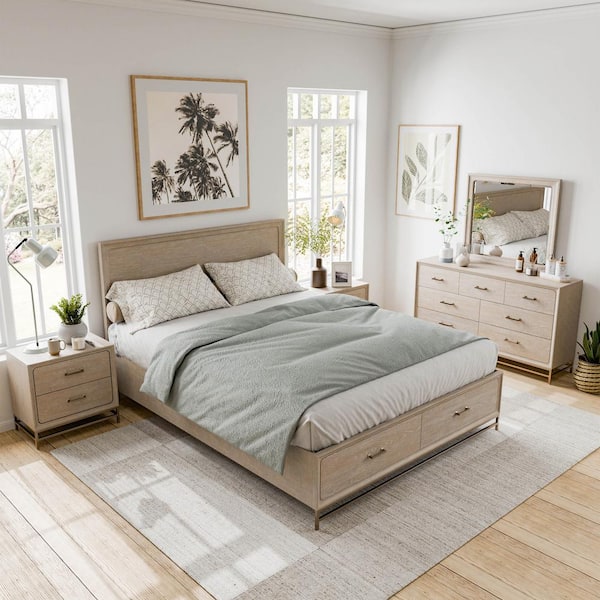 Furniture of America Lena 5-Piece Oak Wood King Bedroom Set With 2 Felt Lined Foot Drawers