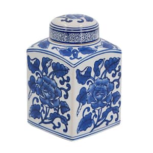 Hand Painted Square Canister 7.5 in. x 7.5 in. x 9 in. Blue/White