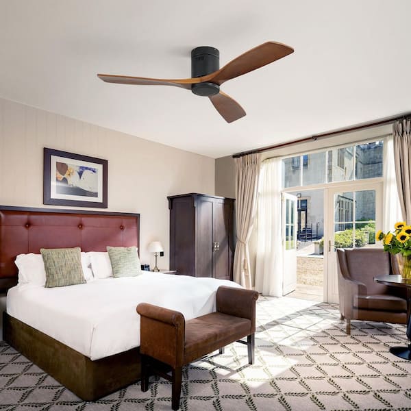 52 in. Indoor/Outdoor Flush Mount Ceiling Fan Solid Wood Fan Blades Matte Black Ceiling Fan with 6-Speed Remote Control