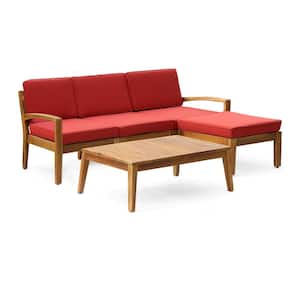 5-Piece Wood Frame Patio Conversation Set with Red Cushion and Coffee Table