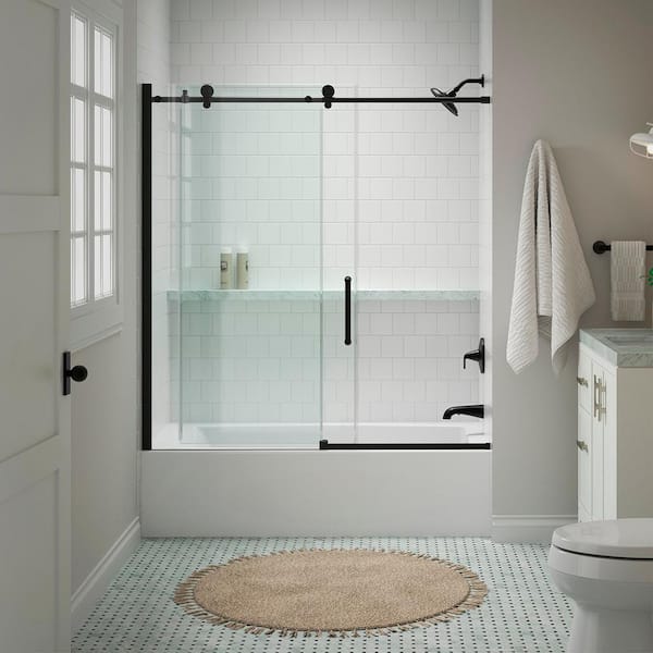 KOHLER Cursiva 56-60 in. W x 62 in. H Sliding Frameless Bath Tub Door in Matte Black