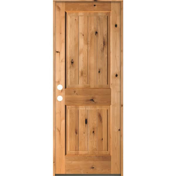 Krosswood Doors 30 in. x 80 in. Rustic Knotty Alder Square Top V-Grooved Clear Stain Right-Hand Inswing Wood Single Prehung Front Door