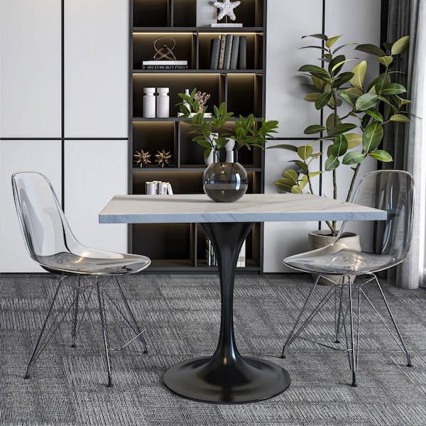 Leisuremod Verve Modern White Marble Tabletop 36 in. with Black Steel Pedestal Base Dining Table 6-Seater