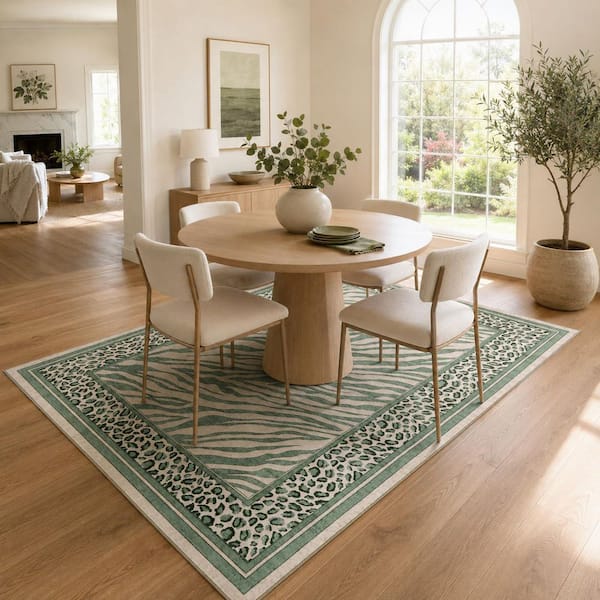 9ft. x 12 ft. Light Green Washable Soft Pear, Plush Jungle Border Pattern, Foldable, Non-Slip Backing, for Home Area Rug