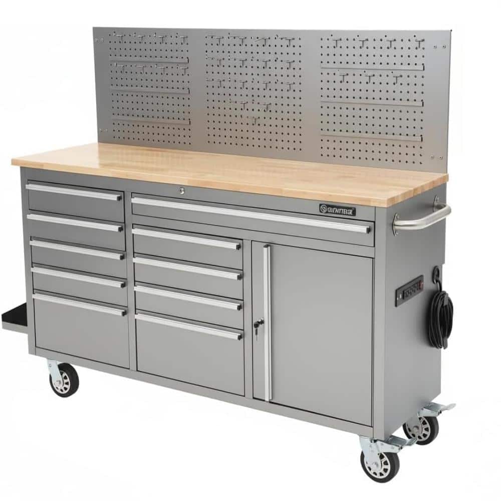 61 inch Stainless Steel Mobile Workbench Cabinet with 10-Drawer, Rubber Wood Top, Lock Key for Workshop Storage price history on PriceWatchPro