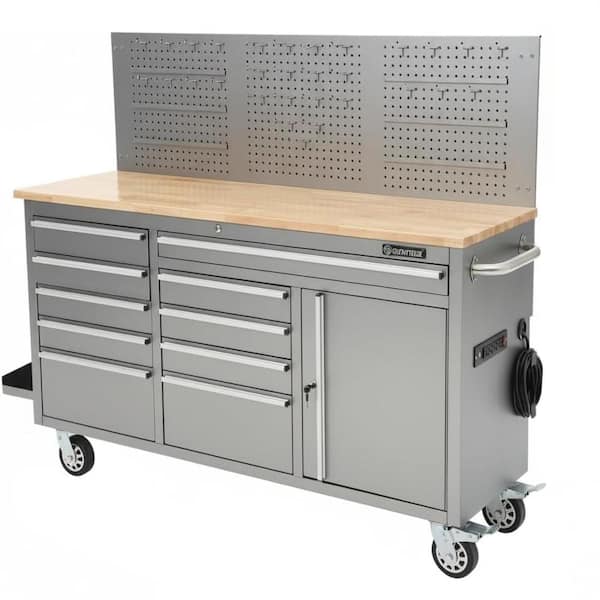 61 inch Stainless Steel Mobile Workbench Cabinet with 10-Drawer, Rubber Wood Top, Lock Key for Workshop Storage