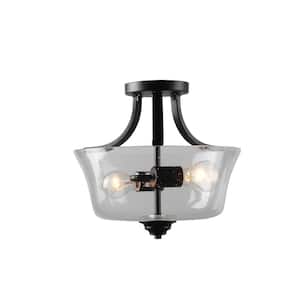 Shyloh 13.25 in. 2-Light Black Semi-Flush Mount with Clear Seeded Glass Shades