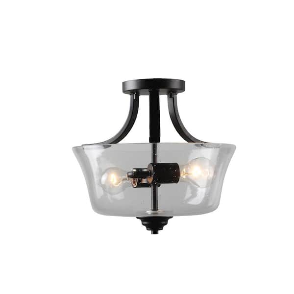 Minka Lavery Shyloh 13.25 in. 2-Light Black Semi-Flush Mount with Clear Seeded Glass Shades