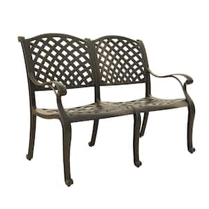 46 in. W 2-Person Dark Black Aluminum Frame Outdoor Bench with CushionGuard Brown Cushion for Garden, Yard, Balcony