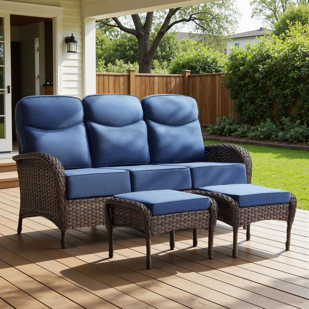 Luna 3-Piece Brown Wicker Outdoor 3-Seat Couch with 6 in. Thick Navy Blue Cushions and ottomans price history on PriceWatchPro