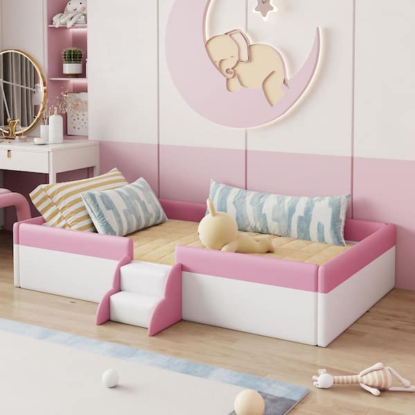 Pink and White Wood Frame Full Size Upholstered Platform Bed Daybed with Fence and Stairs