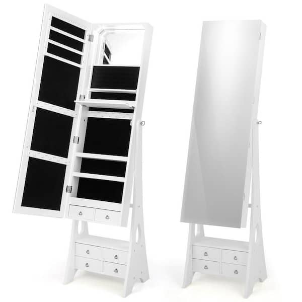 16 in. x 62.5 in. White MDF Full-Length Mirrored Jewelry Armoire with Drawers and LED Lights