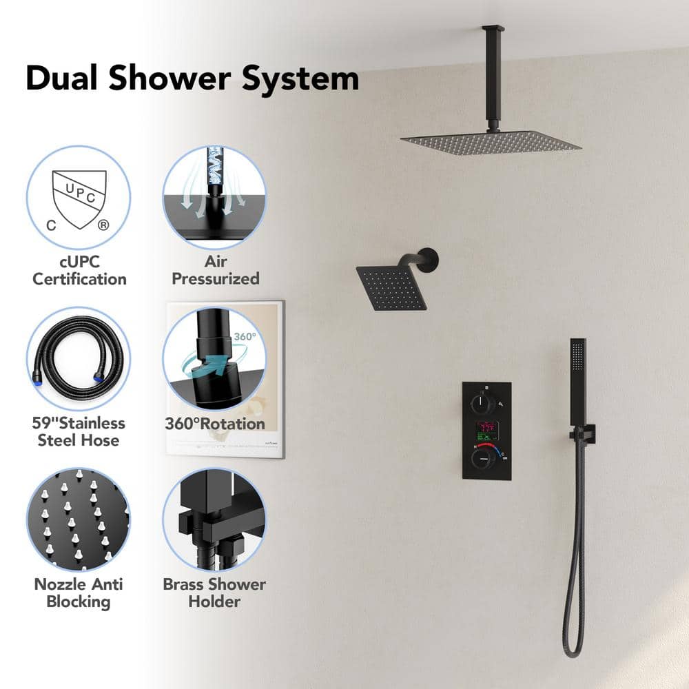 Matte Black Dual Shower System with LCD Display and Handheld