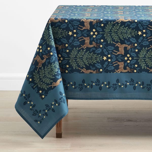 Company Cotton Reindeer 70 in. W x 90 in. L Blue Seasonal Cotton Tablecloth