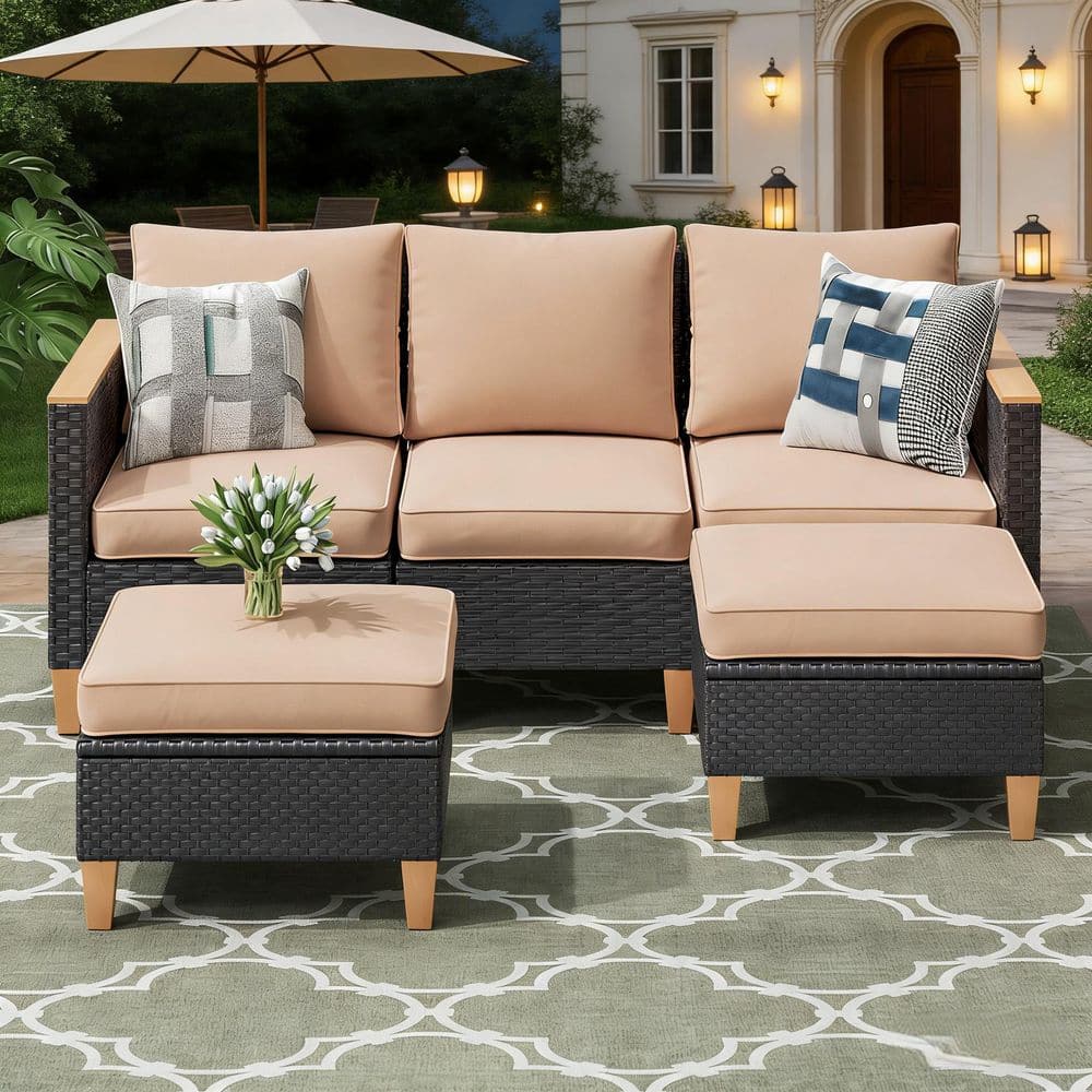 5-Piece Brown Wicker Outdoor Sectional Set with Khaki Cushions Includes Corner, Single Sofas and Ottomans price history on PriceWatchPro