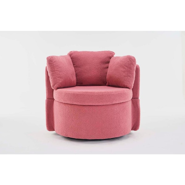 wetiny Dark Pink Teddy Fabric Swivel and Storage Barrel Chair with Back Cushion