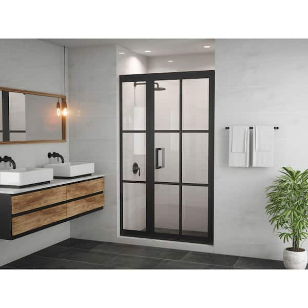 Coastal Shower Doors Gridscape Series 45.75 in. x 76 in. Framed Hinge Shower Door and Inline Panel in Black and Clear Glass with Handle