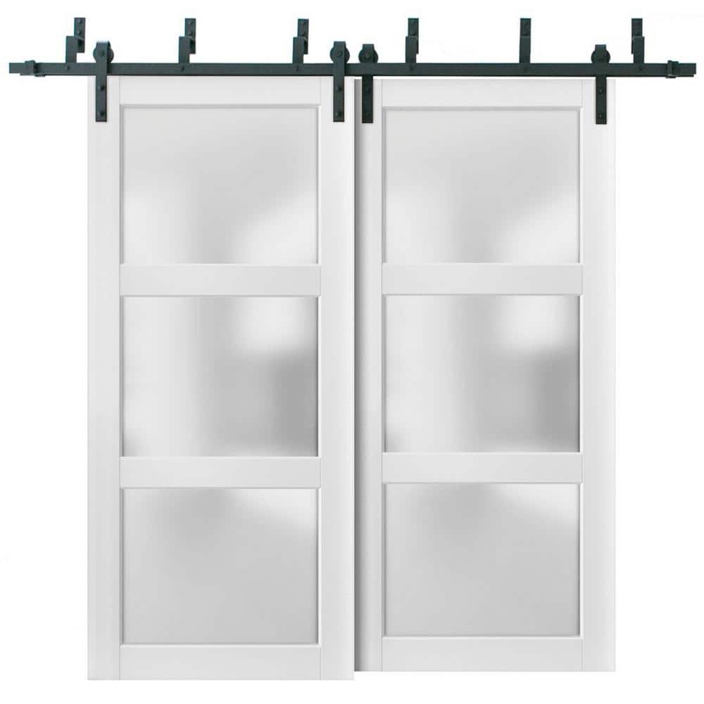 64 in. x 80 in. 2 Panel Frosted Glass White Solid Wood Sliding Barn Door with Hardware Kit price history on PriceWatchPro