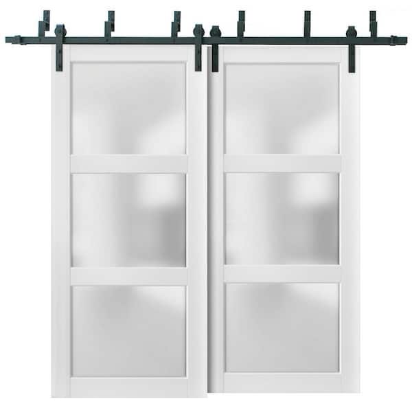Sartodoors 64 in. x 96 in. 2 Panel Frosted Glass White Solid Wood Sliding Barn Door with Hardware Kit