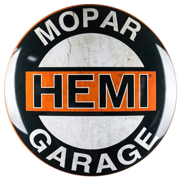 American Art Decor Dome Shaped Metal Wall Art Sign-Bar, Man Cave, Garage, Game Room (Mopar Hemi Garage)Black/White/Orange, 15" H x 15" L